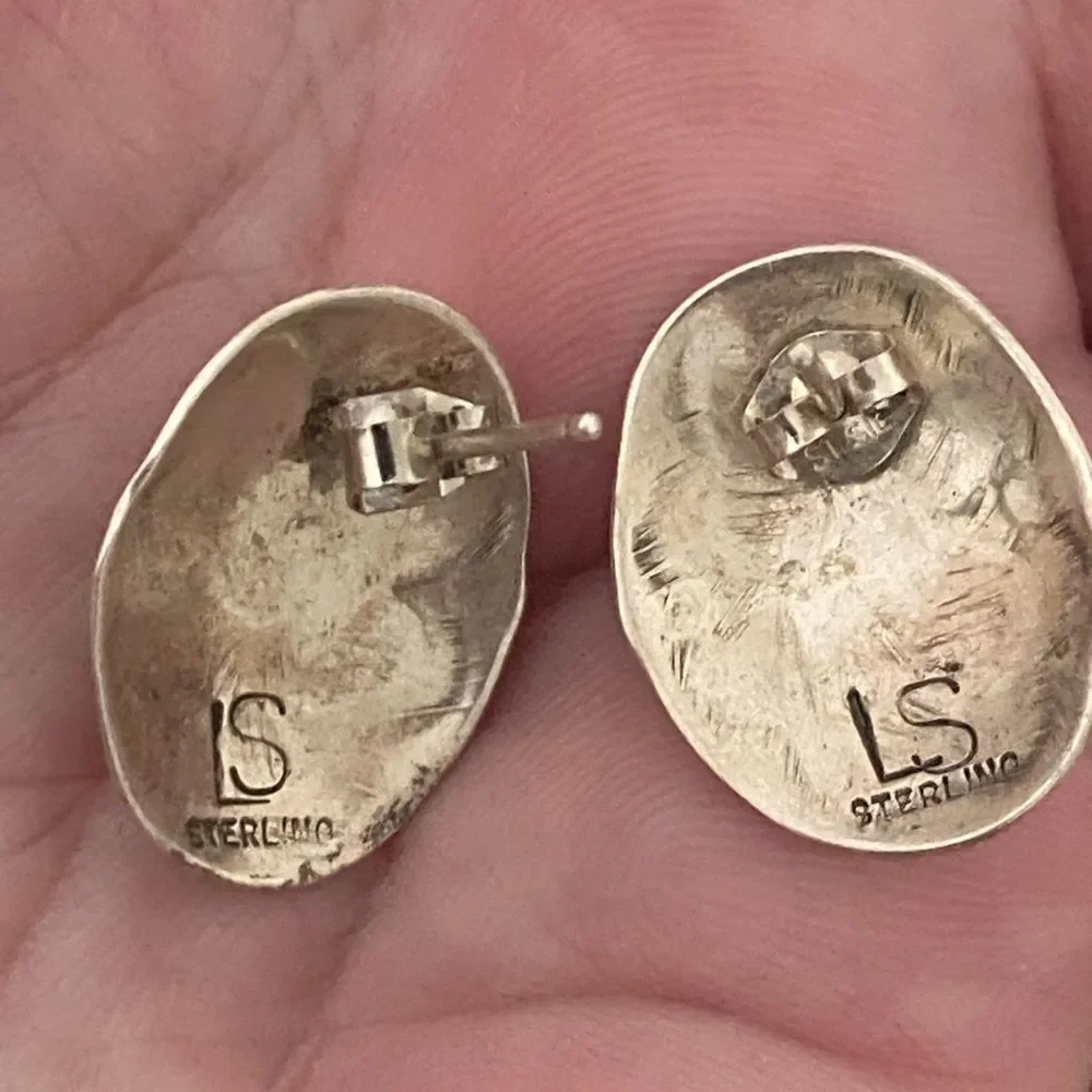 Navajo Larry Sandoval Coral Oval Concho Sterling Silver Earrings